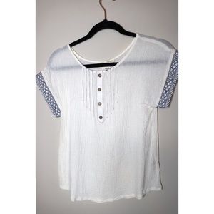 White Boho Top with Blue Detail Short Sleeves